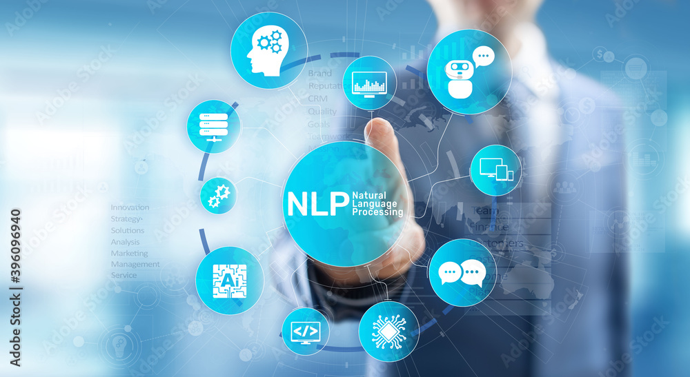 NLP natural language processing cognitive computing technology concept on virtual screen. NLP natural language processing cognitive computing technology concept on virtual screen.