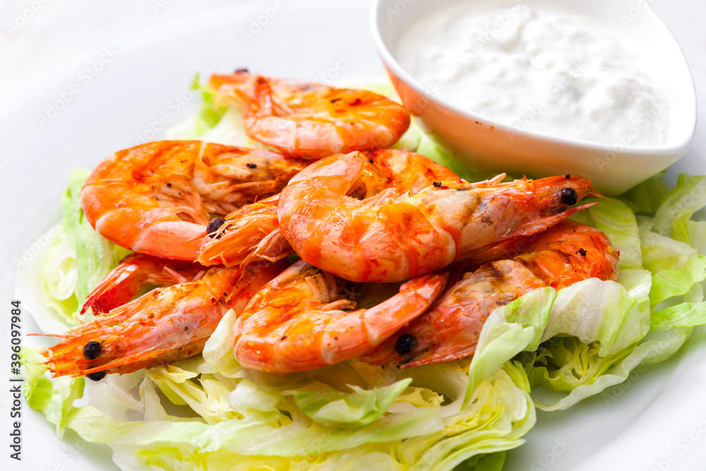 still lfe of grilled shrimps with garlic dip still lfe of grilled shrimps with garlic dip