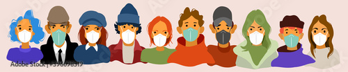 Fighting the pandemic. A group of people in medical masks. Protection against disease, air pollution, flu. Vector illustration in flat style
