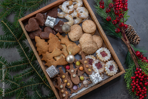 Traditional home made German Christmas Cookies on a festive table