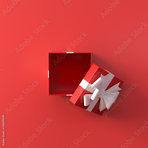 Blank open gift box or present box with white ribbon bow isolated on red color background with shadow. Minimal conceptual 3D rendering