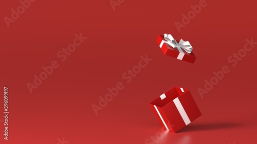 Blank open gift box or present box with white ribbon bow isolated on red color background with shadow. Minimal conceptual 3D rendering