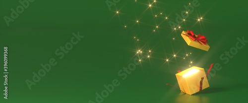 Blank open gift box or present box with red ribbon bow isolated on green color background with shadow. Minimal conceptual 3D rendering