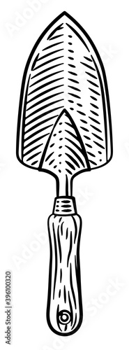 Garden tool gardening hand spade trowel woodcut engraved vintage style illustration