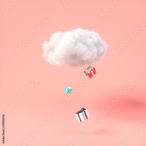 Cloud with gift box rain on pastel pink background. Creative idea. Gift boxes falling from cloud Minimal concept. 3d rendering