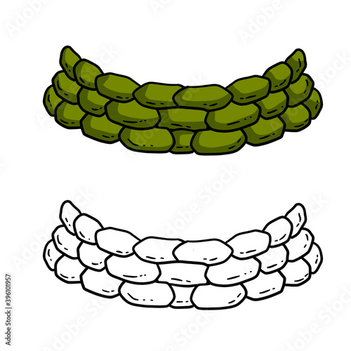 Barricade of sandbags. Modern warfare. Wall of the bag. Outpost and barrier. Set of cartoon illustration. Fortified point. Defense construction