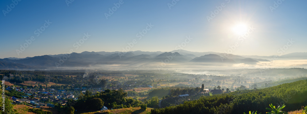 Sunrise and sea of clouds over Pai District at sunrise from Yun Lai Viewpoint. Pai,Mae Hong Son.