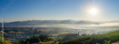 Sunrise and sea of clouds over Pai District at sunrise from Yun Lai Viewpoint. Pai,Mae Hong Son. photo