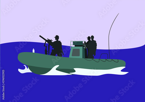 Intervention of the US Navy. Vector image, US Navy armed boat with 3 sailors to intercept