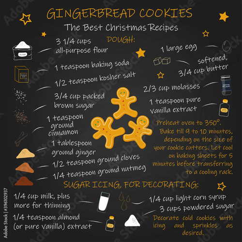 Gingerbread cookies recipe chalkboard design, christmass recipe with ingredients, blackboard sketch. For kitchen, restaurants, banners, bistrots