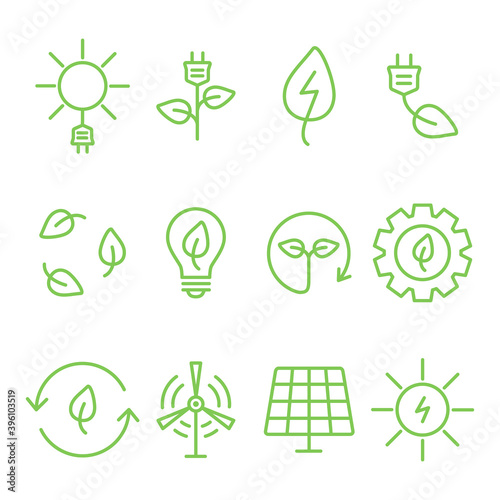 Ecology nature energy icon set. ECO green alternative energy power collection. Vector illustration isolated on white.