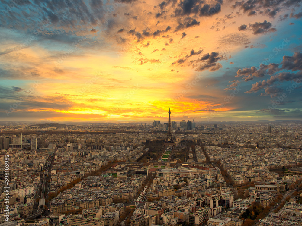 Paris skyline with Eiffel Tower at sunset in Paris