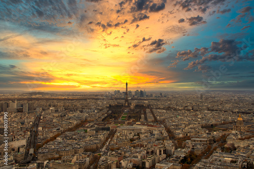 Paris skyline with Eiffel Tower at sunset in Paris