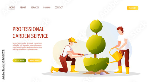 Gardeners with scissors and can trimming and watering plant. Garden service, Landscape design, gardening concept. Vector illustration for banner, advertising, poster, website.