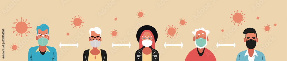 PEOPLE with a medical mask on their face. People support social distancing. The concept of not spreading the virus and preventing the coronavirus.