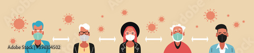 PEOPLE with a medical mask on their face. People support social distancing. The concept of not spreading the virus and preventing the coronavirus.