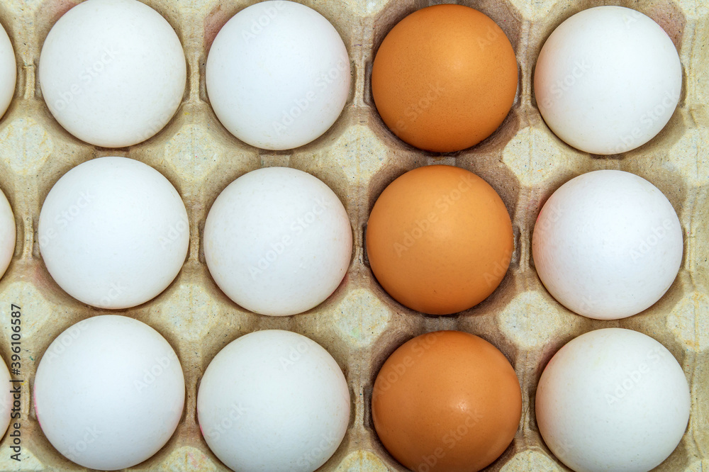 Fresh white and brown chicken eggs in tray. Egg is the main ingredient for cooking Fresh white and brown chicken eggs in tray. Egg is the main ingredient for cooking