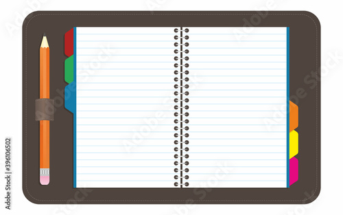 Open sketchpad with color tabs and pencil. Flat isolated. Vector illustration.