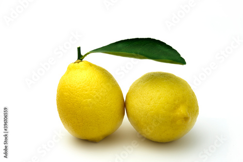 Two lemons with leaves isolated on white background