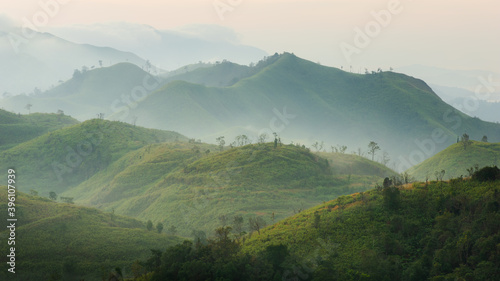 Beautiful landscape of mountain layer in the morning at Noen Chang Suek peak at E-Thong village in Thong Pha Phum National Park, Kanchanaburi province, Thailand.