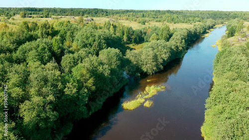 Landscape with green forest and river . Natural nature from a bird s eye view