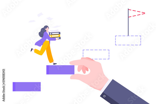 Business mentor helps to improve career and holding stairs stepr vector illustration. Mentorship, upskills and self development strategy flat style design business concept.