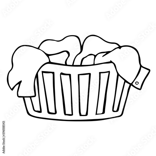 Laundry basket with dirty clothes, isolated on white background. Household, washing. Hand drawn doodle sketch, black outline. Vector element for home cleaning, domestic chores illustration.
