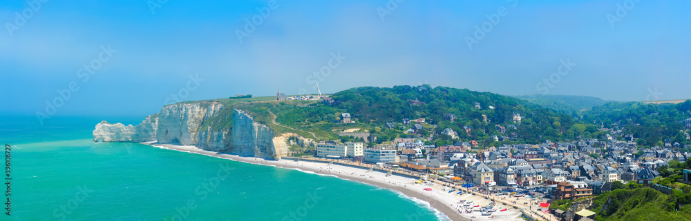 Beautiful panoramic view of Etretat city during a summer day