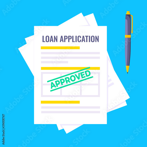 Approved credit or loan form with document file and claim form on it, paper sheets isolated on gray background flat style vector illustration. Concept of fill out online credit application form.