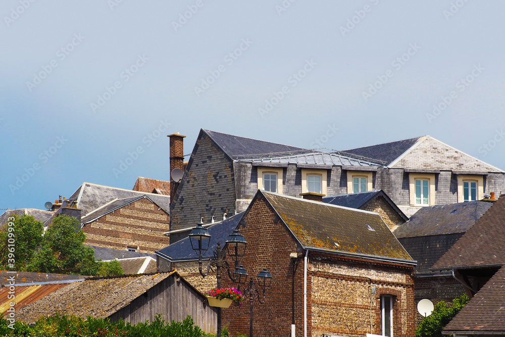 Etretat, Normandy, France. Medieval houses, picturesque landscape of Etretat city, view of the ancient town