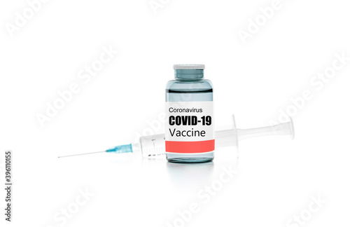 Covid-19 Vaccine with syringe isolated on white background. 2019-ncov vaccine vial medicine drug bottles syringe injection.