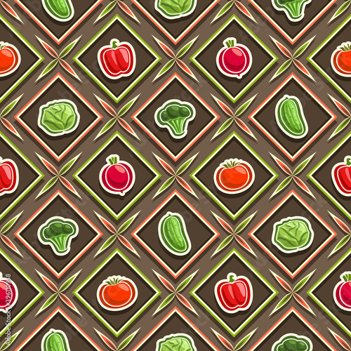 Vector Vegetable Seamless Pattern, square repeating background, isolated illustrations of summer vegetables on brown background, diamond seamless pattern with flat lay fresh organic produces in cells.