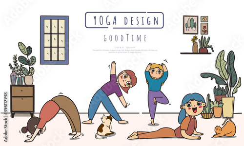women group doing Yoga and cat, Stay home exercise concept, In cozy modern interior.  Cartoon concept drawing.