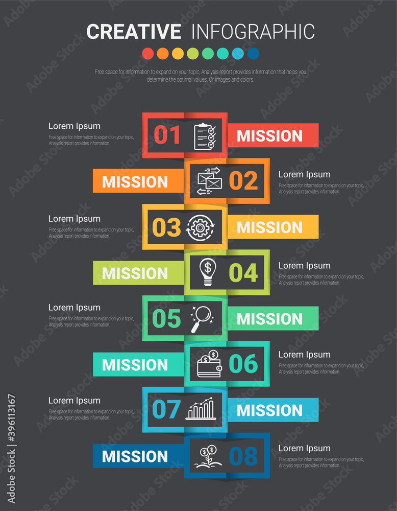 Fototapeta premium Infographic design template with numbers 8 option for Presentation infographic, Timeline infographics, steps or processes. Vector illustration.
