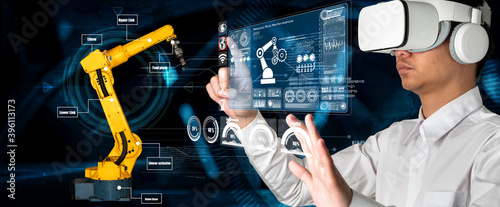 Photography Engineer controls robotic arms by augmented reality industry technology application software