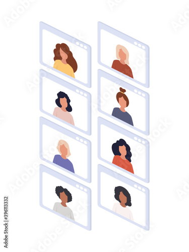 Girls at an online conference. Application window with conference. Isolated on white background. Vector.