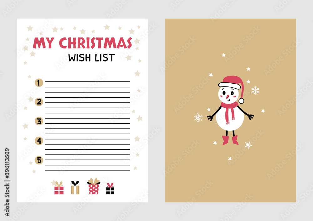 Fototapeta premium Christmas Wish List design template. Vector illustration. Hand drawn decor from holiday background. Printable design