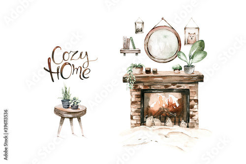 Watercolor trendy interior bohemian background with mid century modern furniture. Interior hugge Decor Scene. Cozy living room with houseplant, Urbun jungle Watercolor illustration.  photo