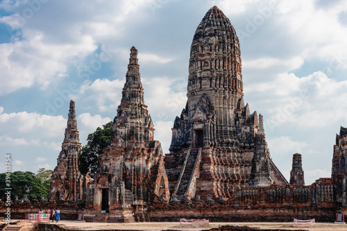 Thailand; Jan 2020: Thai Buddhist temple in ruins, the tower symbolizes mountain Meru. Temple built by king  Prasat Thong, Siam kingdom. Wat Chaiwatthanaram, Ayutthaya historical park , Thailand, Asia photo