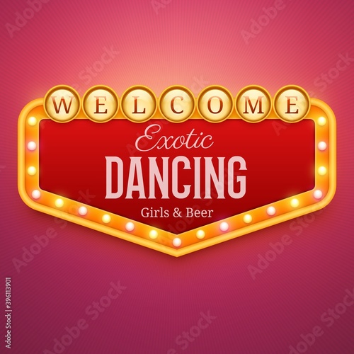 Dancing club light sign. Wall signage with marquee lights. Nightclub, casino, theater, cinema or bar decor. Retro banner, frame with light bulbs. Vector illustration of vintage signboard.