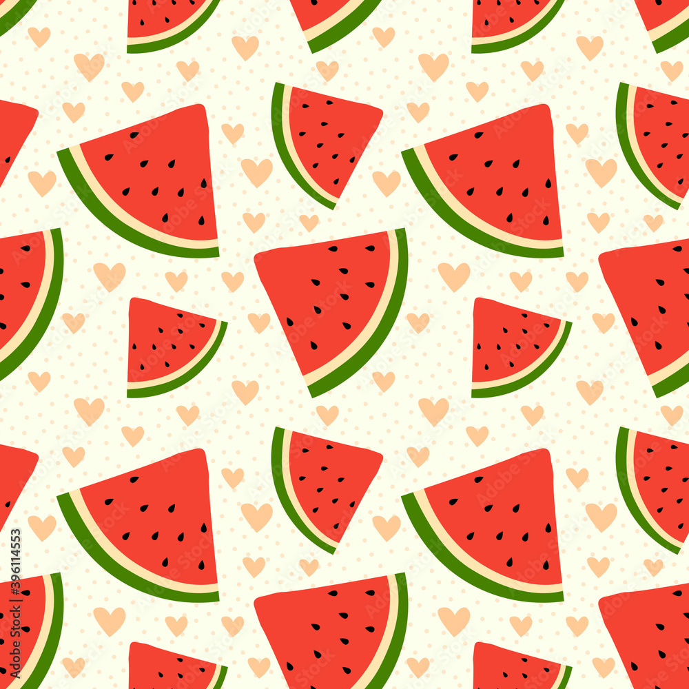 Cute watermelon slice seamless pattern in flat style. Fruit dotted background with hearts. Wrapping paper, fabric, textile. Vector illustration. Cute watermelon slice seamless pattern in flat style. Fruit dotted background with hearts. Wrapping paper, fabric, textile. Vector illustration.