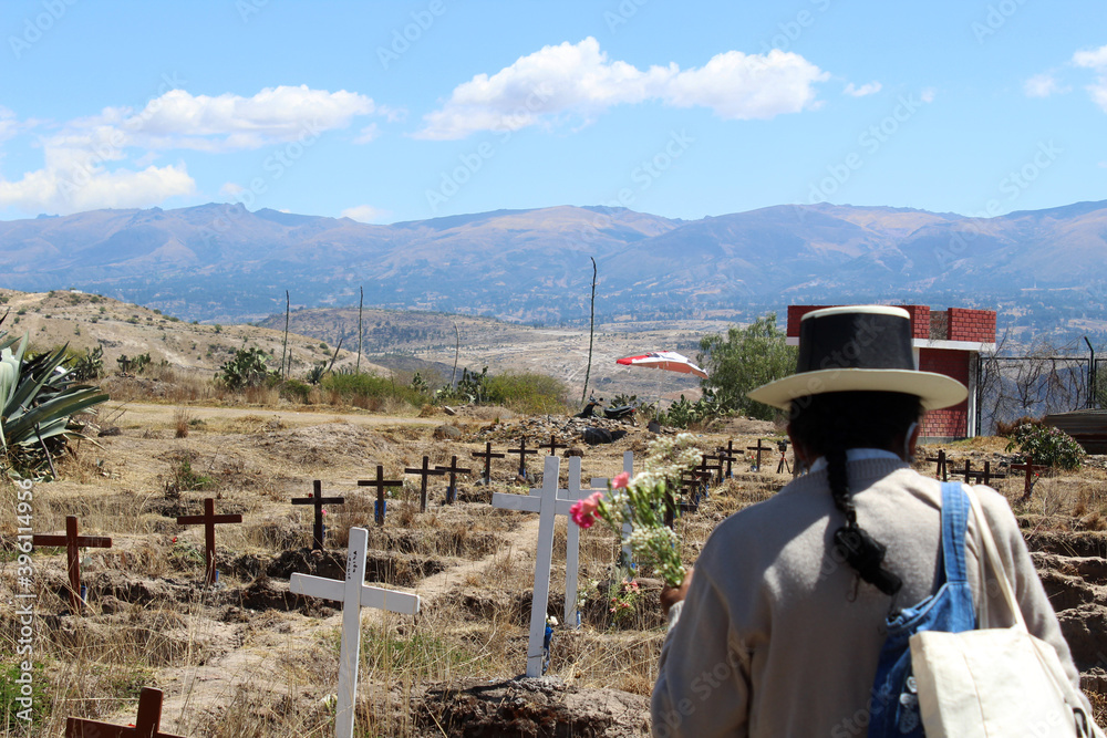 Quechua woman walking crosses of the disappeared, la Hoyada, sanctuary of the memory. Quechua woman walking crosses of the disappeared, la Hoyada, sanctuary of the memory.