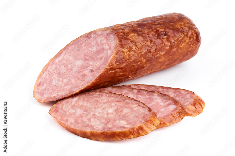 Salami smoked sausage piece isolated on white background. Salami, salami smoked sausage. Smoked meat. Meat products. Ingredients for the sandwich. Salami smoked sausage piece isolated on white background. Salami, salami smoked sausage. Smoked meat. Meat products. Ingredients for the sandwich.