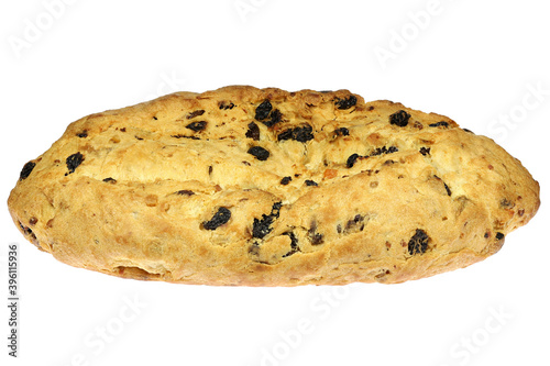 freshly baked traditional Saxon Christmas Stollen still without powdered sugar finish isolated on white background