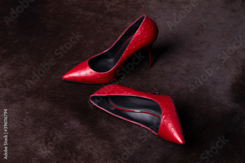 Red shoes on the dark skin of the beast. Pair of women high-heeled shoes.