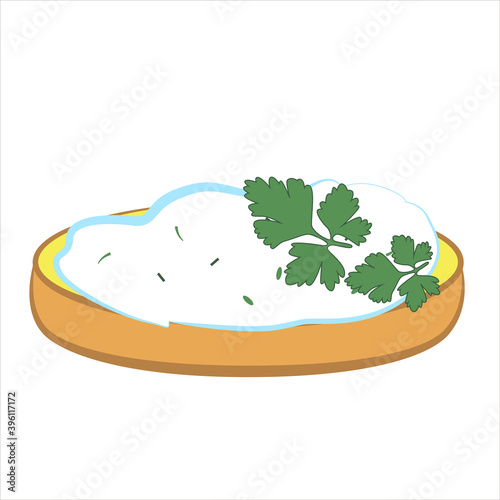 Sandwich with sour cream garnished with a sprig of parsley.