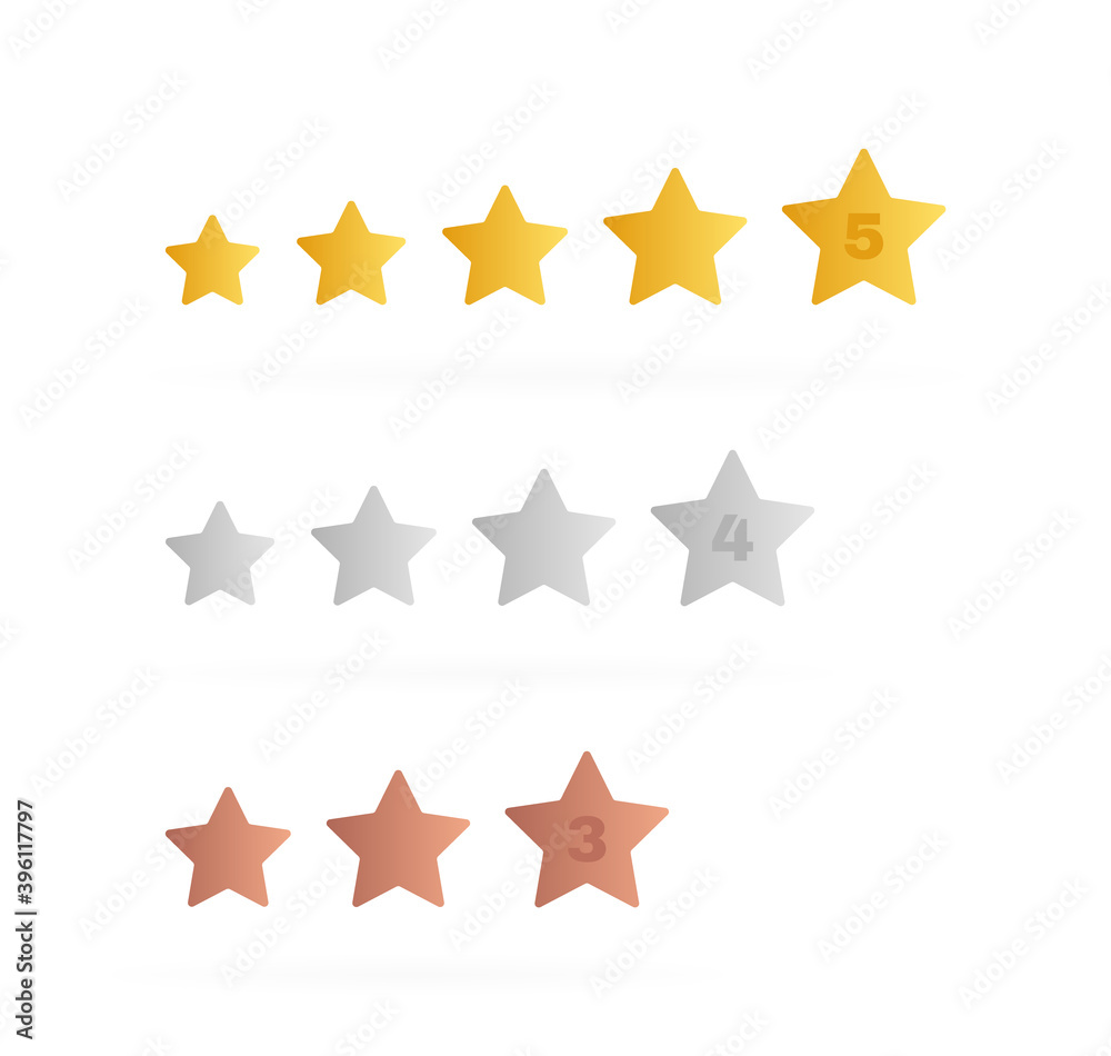 Stars label with different level of grade. Five, four and three stars rating. Customer product rating review. Modern vector illustration