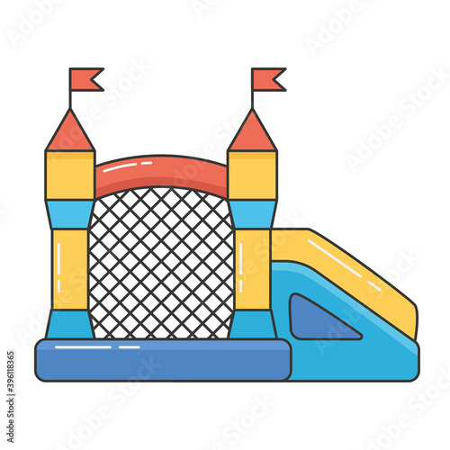 Bouncy inflatable castle. Tower and equipment for child playground. Vector color line illustration