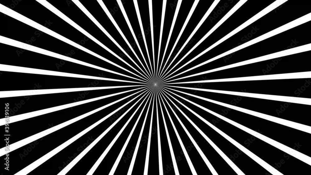 Abstract motion background with psychedelic twisting circles. Round striped black white lines. Swirling hypnotic rotating abstraction. Op art effect, optical illusion. Seamless looping animation.