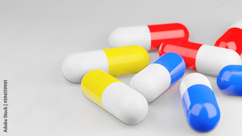 3D Close up drug capsule in three color red blue and yellow in white background 3D Close up drug capsule in three color red blue and yellow in white background